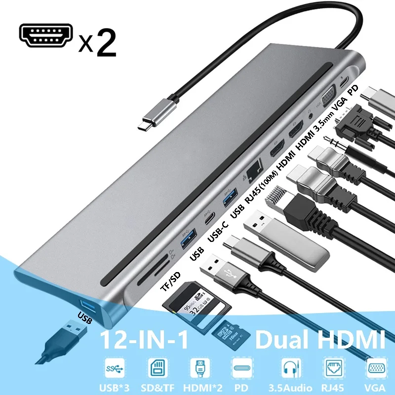 Док-станция 12 в 1 с двумя портами USB Type-C и HDMI