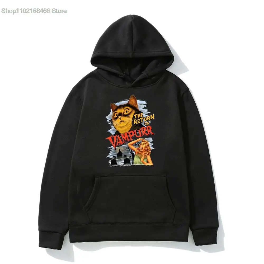 

Cat The Return of Vampurr Print Hoodie Mens Womens Horror Halloween Trend Black Polar Fleece Hooded Sweatshirt Male Pullover New
