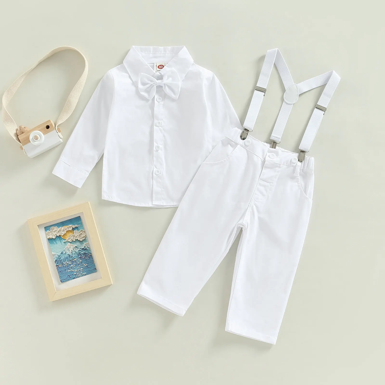 

TR New Spring Kids Toddler Baby Boy Gentleman Clothing Set, Solid Color Long Sleeve Lapel Button Shirt + Tie+ Suspender Pants