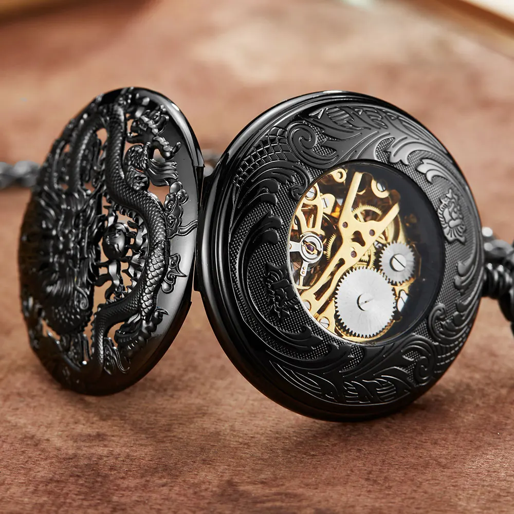 Vintage Black Dragon Phoenix Hollow Exquisite Sculpture Skeleton Mechanical Pocket Watches Retro Men Chains Lucky Lover Wedding