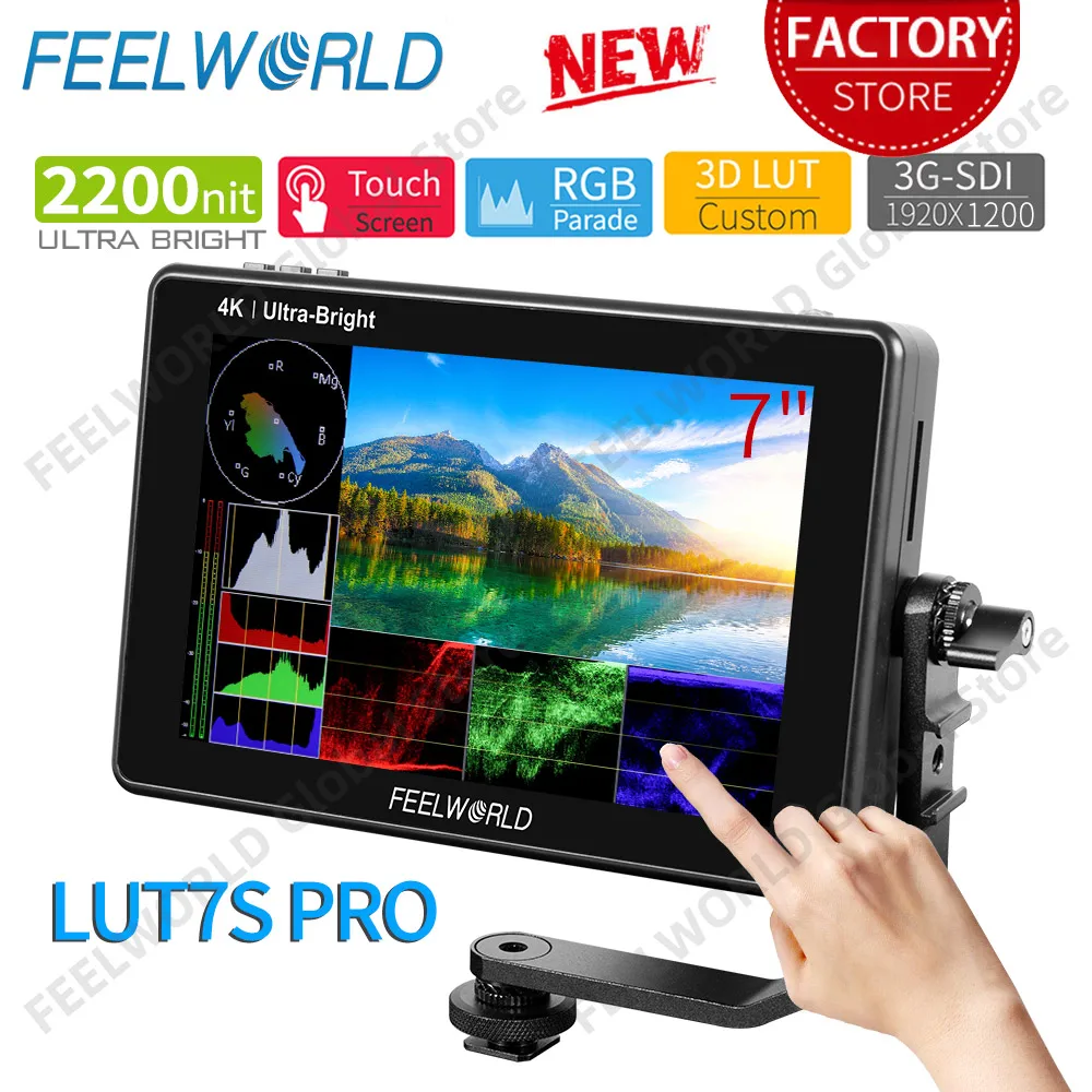 

FEELWORLD LUT7S PRO 7 Inch SDI 4K HDMI 2200nits HDR Touch Screen Field Monitor 1920X1200 IPS 3D LUT Waveform F970 External Power