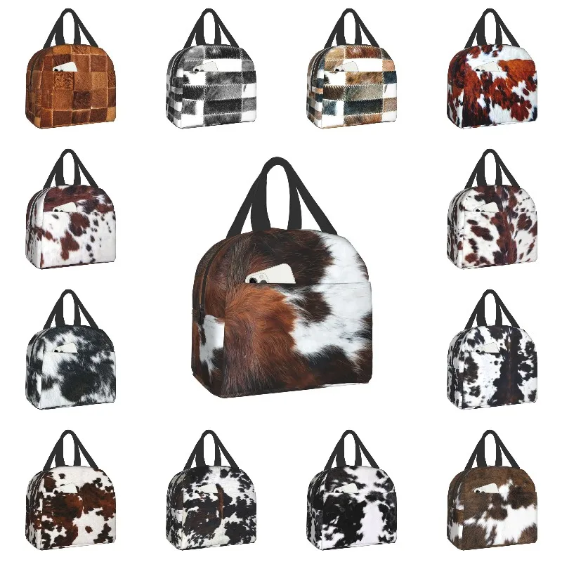 Scottish Cow Cowhide Print Lunch Bag For Women Resuable Cooler Thermal Insulated Animal Skin Lunch Box for School Office Picnic