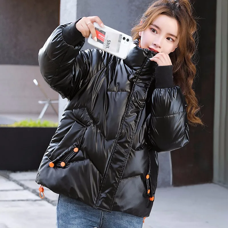 Winter Women Fashion Down Parkas Thick Jackets Short Cotton Padded Glossy Parka Outerwear Female Casual Coat New Jacket Overcoat