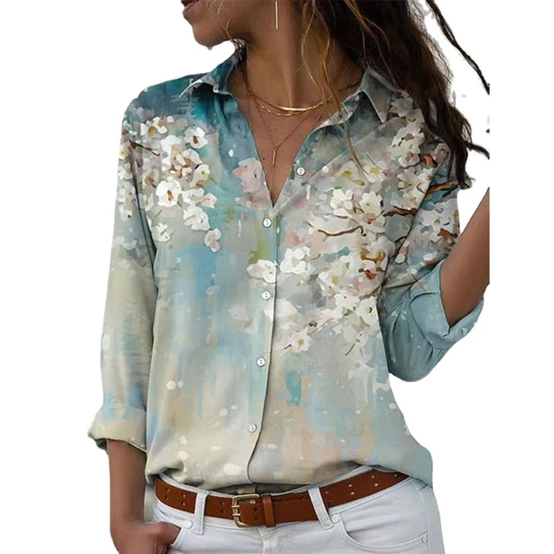 

Elegant Office Lady Light Blue Clothes Vintage Floral Print Blouse Casual Loose Long Sleeve Shirt Turn Down Collar Tops 26267
