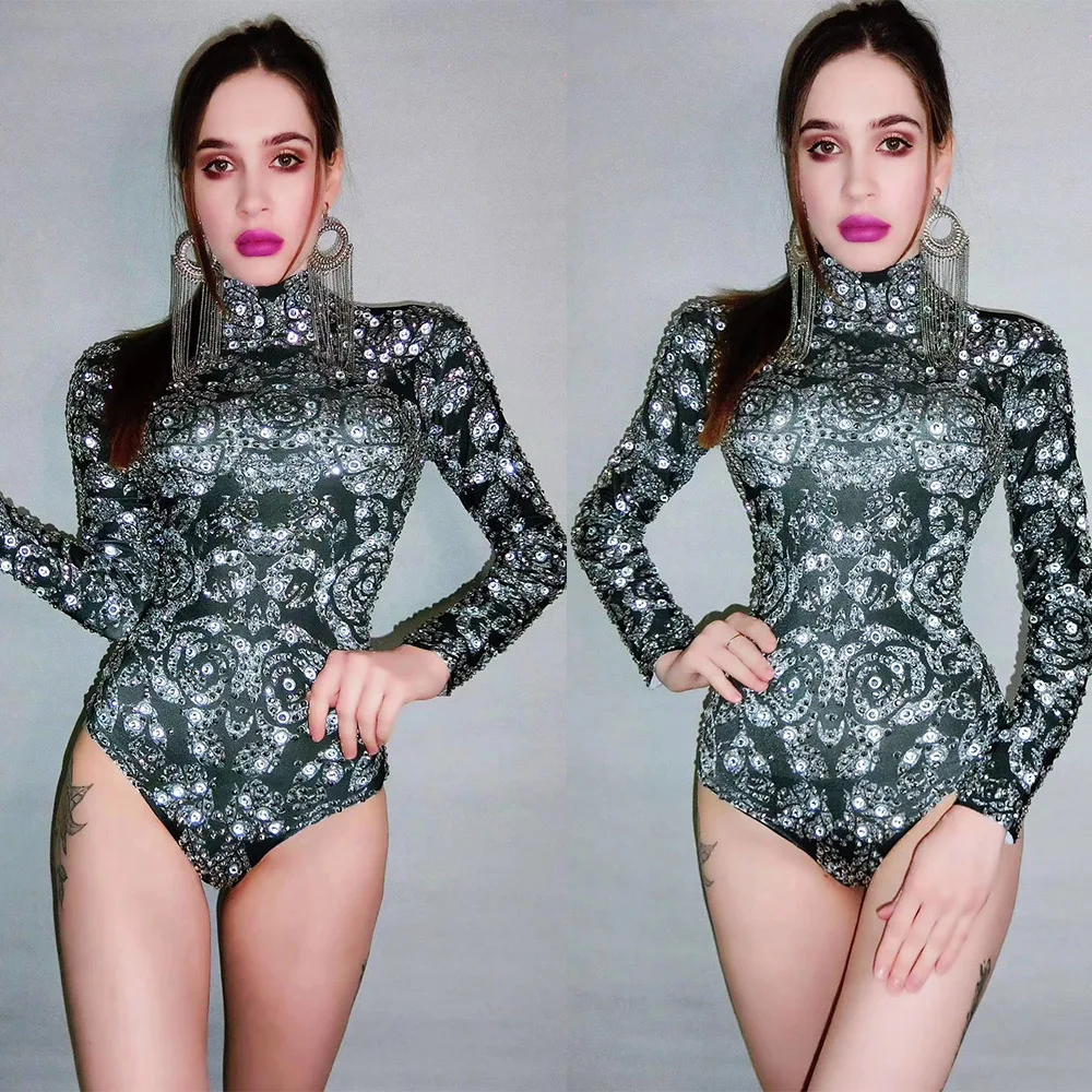 

High Neck Shining Sequins Crystal Rhinestones Women Bodysuits Stage Dance Pole Perform Costume Party Bar DJ Nightclub Wear