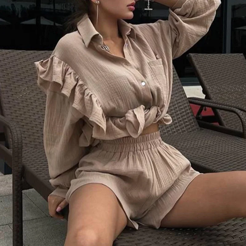 

Wepbel Tops Wide Leg Shorts Casual Sports Suit 2023 Ruffled Pajamas Sets Women Summer Long Sleeve Shirt Homewear Shirts Top