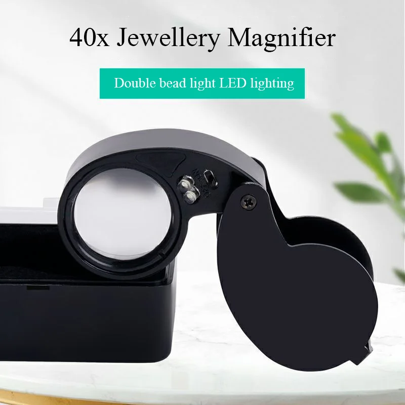 40X Foldable Magnifier with LED Light Portable HD Handheld Magnifying Glass for Jewelry Coins Stamps Antique Identification Tool