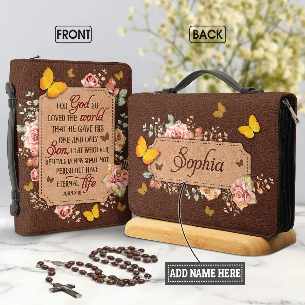 

2023 Women's Personalized Bible Bag For God So Loved John 3 16 Butterfly Flower Design Bible Cover Leather Holy Storage Boxes