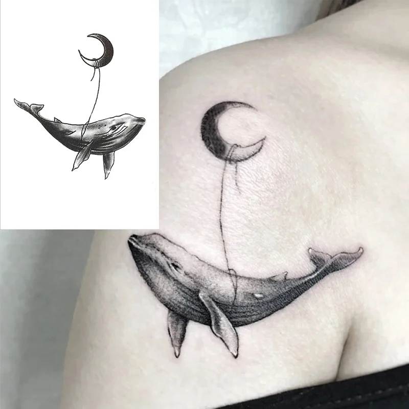 

1PCS Temporary Tattoo Sticker English Alphabet Tiger Moon Whale Black Hand Painted Sticker Waterproof Transfer Tattoo Stickers