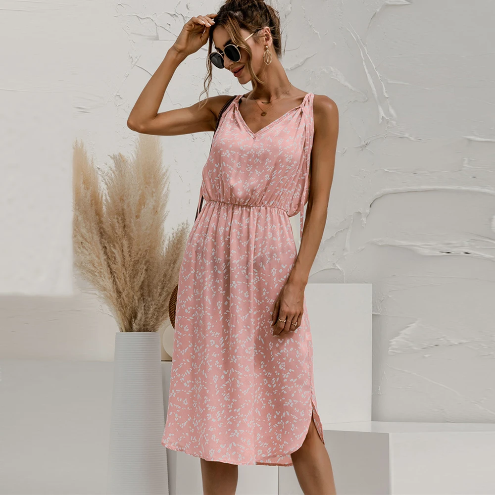 

Women Sexy V-neck Lace Up Split Dress Elegant Dot Print Elastic High Waist Party Sundress Fashion Sling Sleeveless Summer Dress