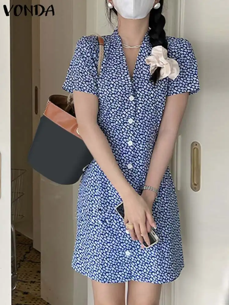 

VONDA Summer Mini Dress 2023 Bohemian Sexy V-Neck Vestidos Short Sleeve Women Sundress Casual Floral Printed Holiday Beach Robe