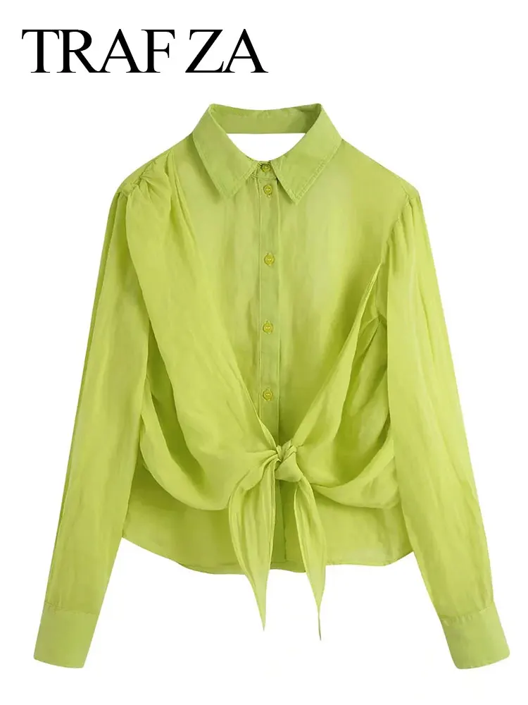 

TRAF ZA Fashion Ladies Blouse Single Breasted Tops Long Sleeve Lapel Unique Lace-up Open Back Slim Fit Casual Home Office Daliy