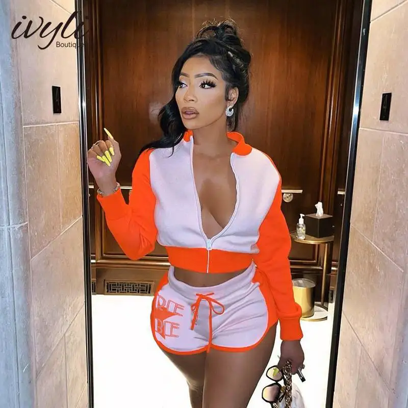 

Оптовая продажа, новый спортивный костюм для бега с цветными блоками, костюм с длинным рукавом и шортами, Женский Повседневный костюм из 2 пр...