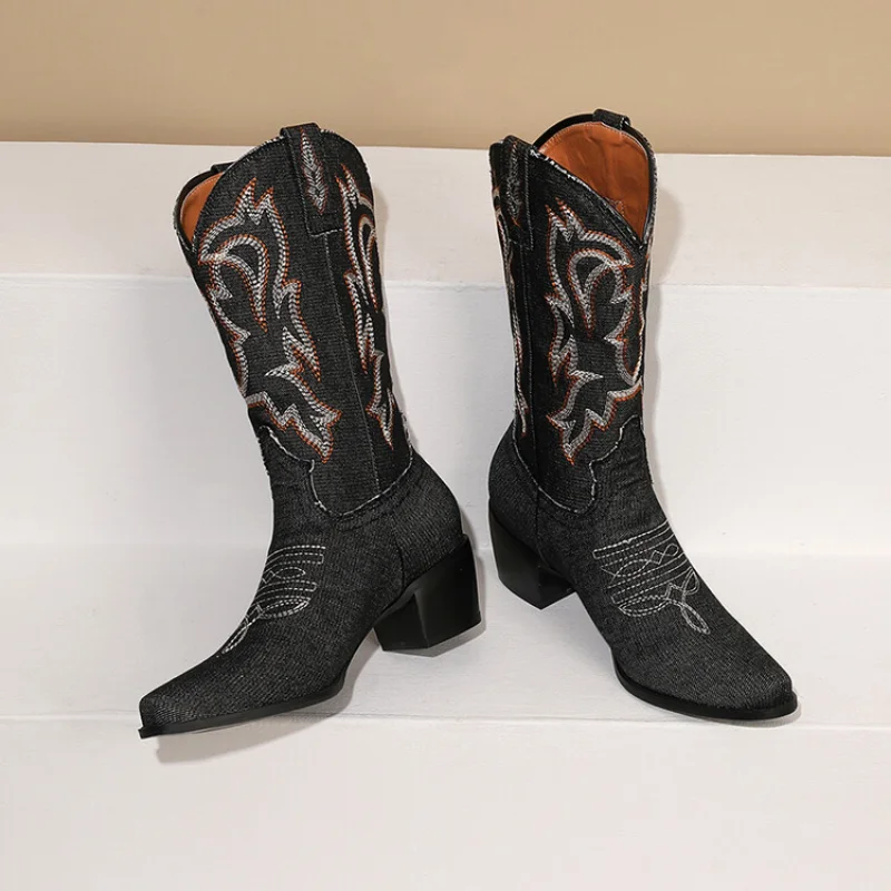 Chunky Western Cowboy Boots for Women Summer V-cut Embroidered Sleeve Doc Martens Slim Vintage Mid-leg Knight Short BootsA-904-2