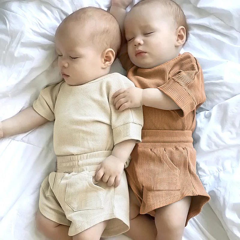 

Kids Casual Outfit 2022 Summer New Solid Color Short-sleeve Cotton Infant Baby Waffle T-Shirt Shorts 2pce Baby Clothes Sets 0-4Y