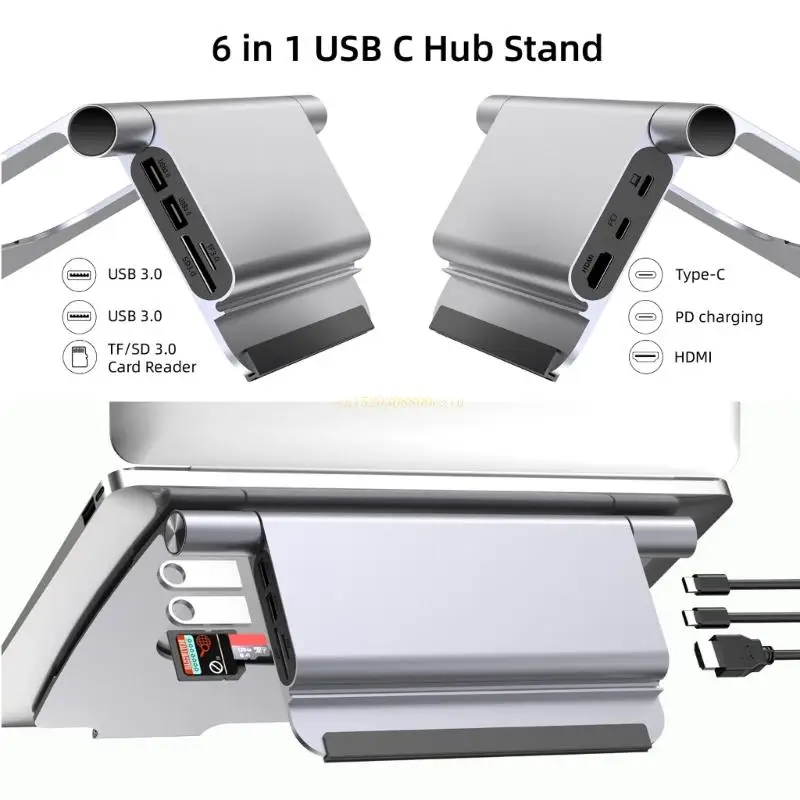 

Laptop Stand with USB C Hub, 6in1 Docking Station 4K 30Hz 100W Power Delivery TF-slot SD-slot 2xUSB3.0 63HD