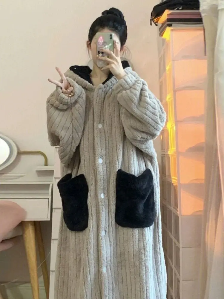 

Robes Fleece Flannel Bathrobe Robe Coral Robe Gown Bath Plus Thick Women Size Dressing Warm Female Hooded Long Winter Extra