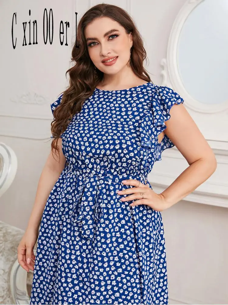 

Summer Plus Size 4xl Women Printed Dress European And American Style Ruffles Sleeveless Dresses