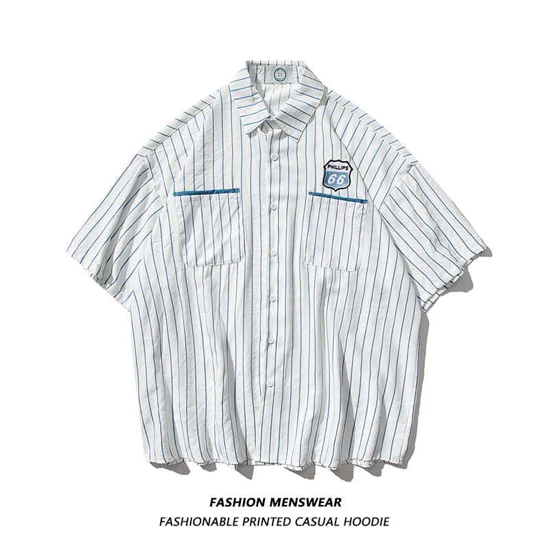 

Oversize American Fashion Stripe Printing 2022 Summer Male Female Student Couple Oversize Casual Shirt