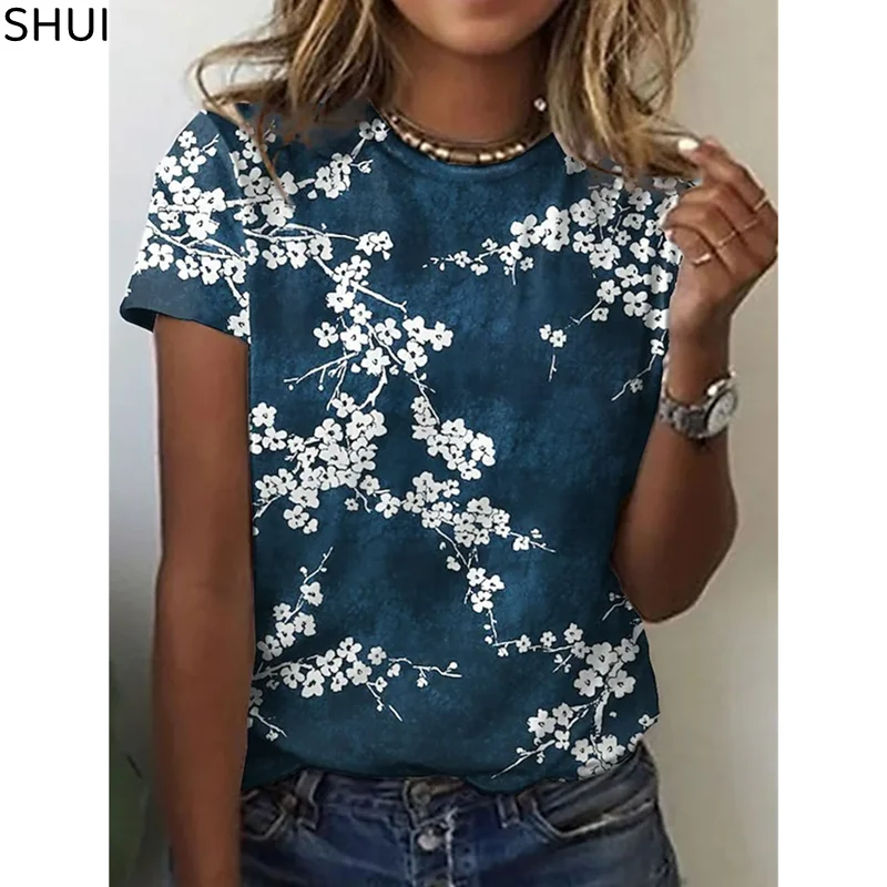 

New Casual Female Holiday O Neck Tops Women's T-Shirts 3D Printing Peach Blossom Top Country Style Summer Floral Harajuku Cloth