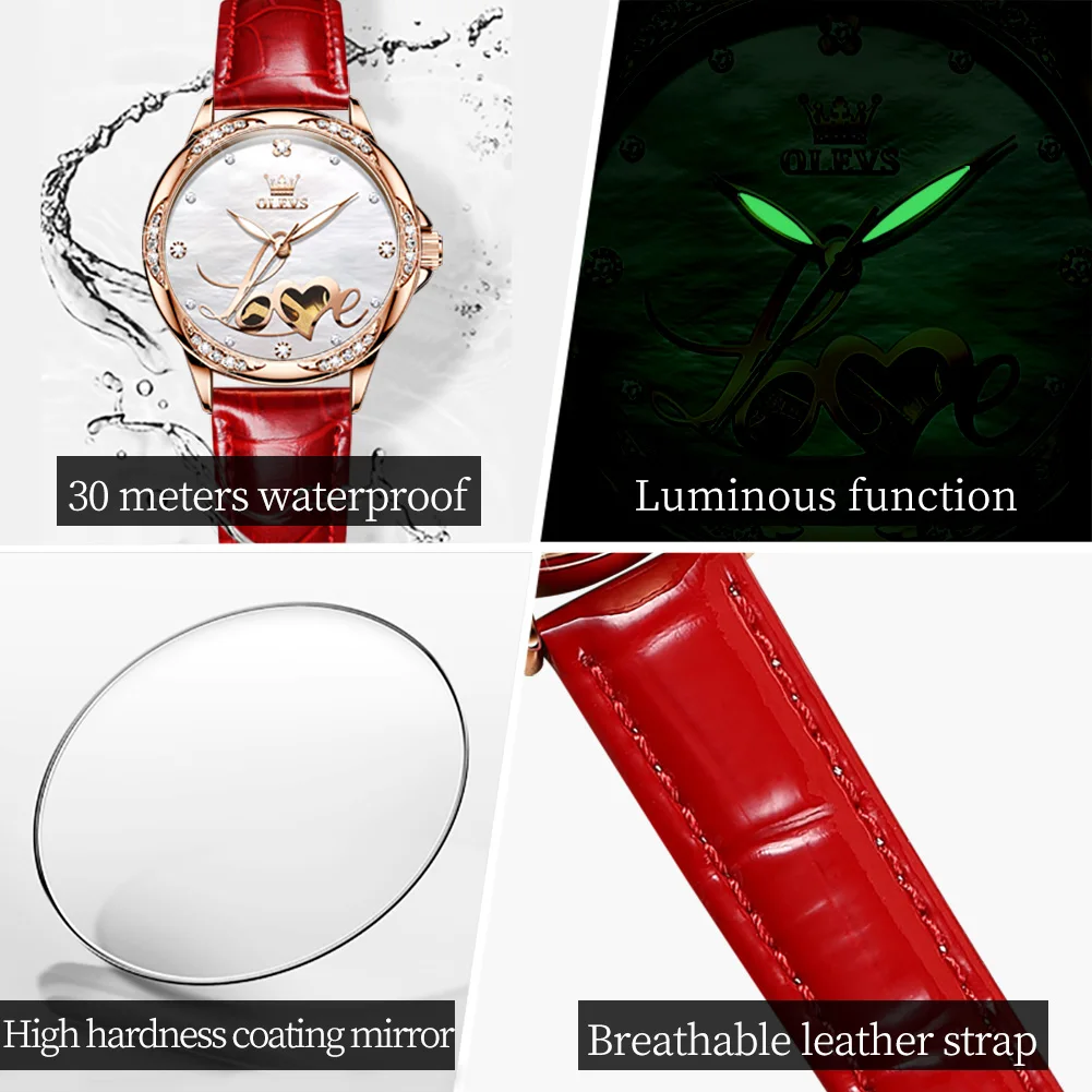 OLEVS Automatic Mechanical Ceramic Strap Watch for Women Waterproof Wristwatches Love Dial Diamond Leather Strap Watches Gift enlarge