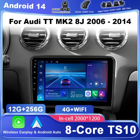 Автомобильный DVD Android 14 Радио Стерео Для Audi TT MK2 8J 2006-2014 Авто Мультимедийный Плеер GPS Навигация Carplay Сенсорный Экран 2DIN