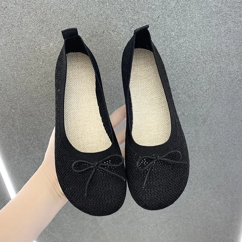 Yellow Knitted Loafers Women's Summer Breathable Flats Woman Slip On Shoes Ultra Light Moccasins Ladies Shallow Shoes With Lace
