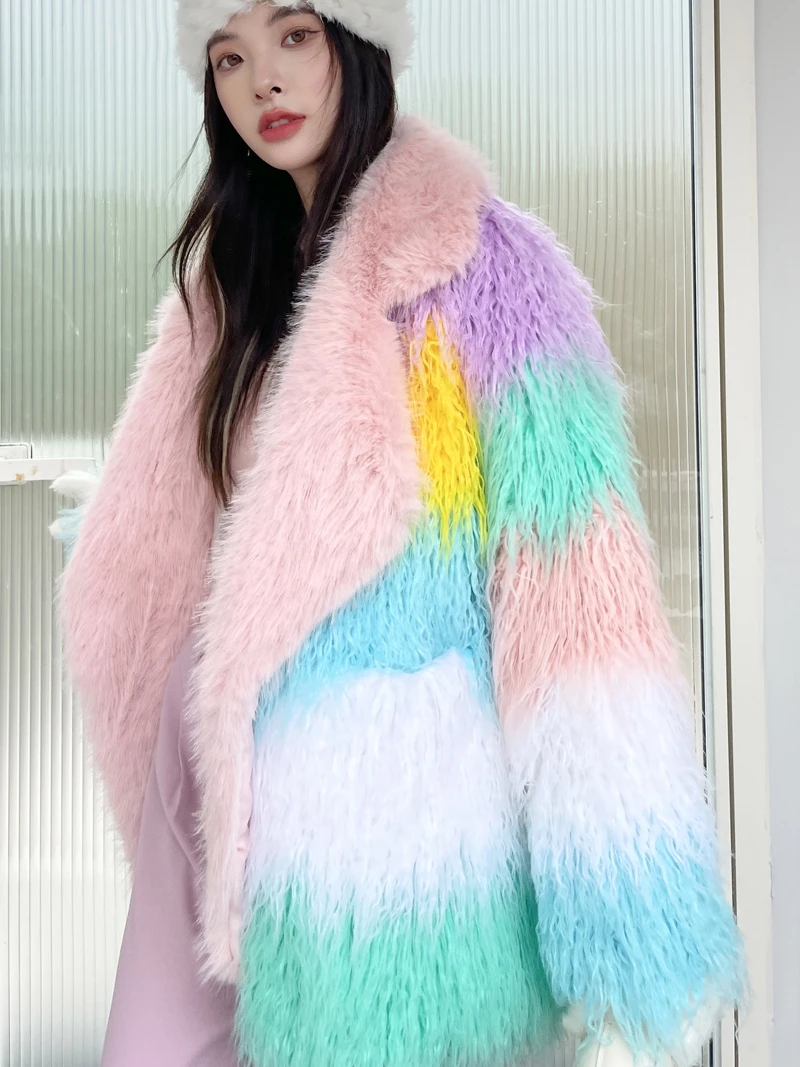 Streetwear Woman Colored Mosaic Fur Coat 2023 Autumn and Winter New High-end Suit Collar Imitation Mid-Length Fur Jacket Femme