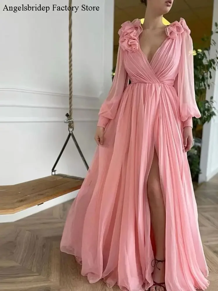 

Angelsbridep 2 STORE Elegant Pink A Line V Neck Baby Chiffon Prom Dresses Long Sleeve Draped Shoulder Formal Evening Gown