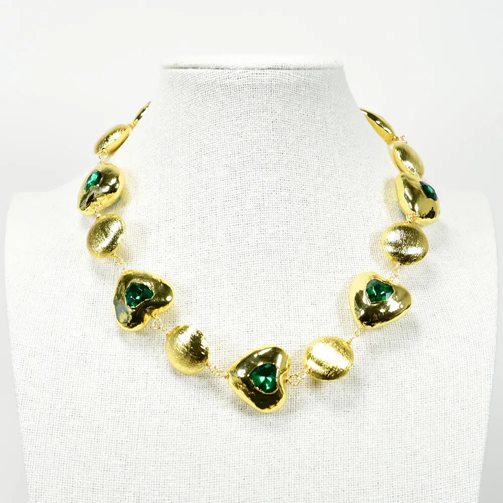 

GG Jewelry Natural Green Crystal Glass Heart Shape Brushed Coin Beads Choker Necklace Handmade Women Party Gifts