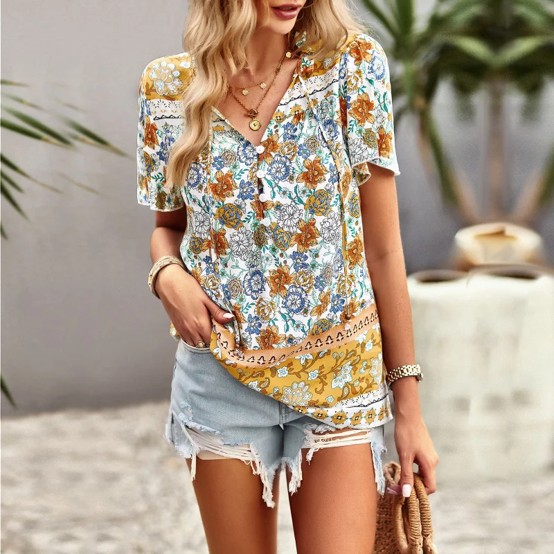 

Bohemian Casual Shirt 2023 Girls' Style Elegant Printed Women's Sexy V-neck Ruffle Sleeve Button Lace Up Women Top