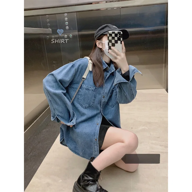  Свободная джинсовая рубашка в стиле ретро верхняя одежда для женщин осень 2024
