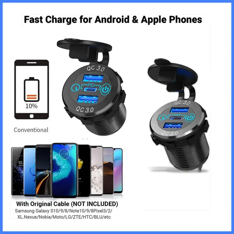 

QC 3.0 Dual USB Car Charger Socket With Cable Fast Charge Power Outlet Universal Car Charger With Touch Switch Fast Car Adapter