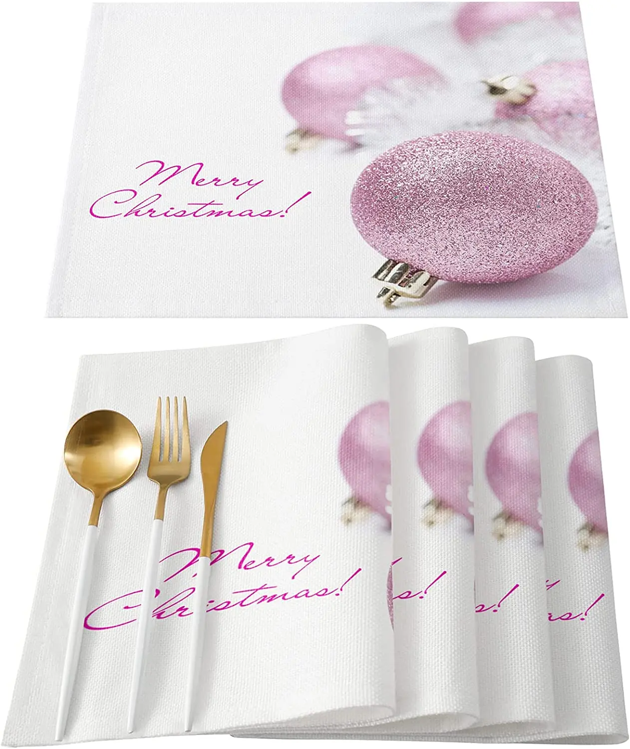 

Christmas Table Placemats Set of 4 Merry Christmas Pink Ball Decoration Washable Dining Table Place Mats for Kitchen Non Slip