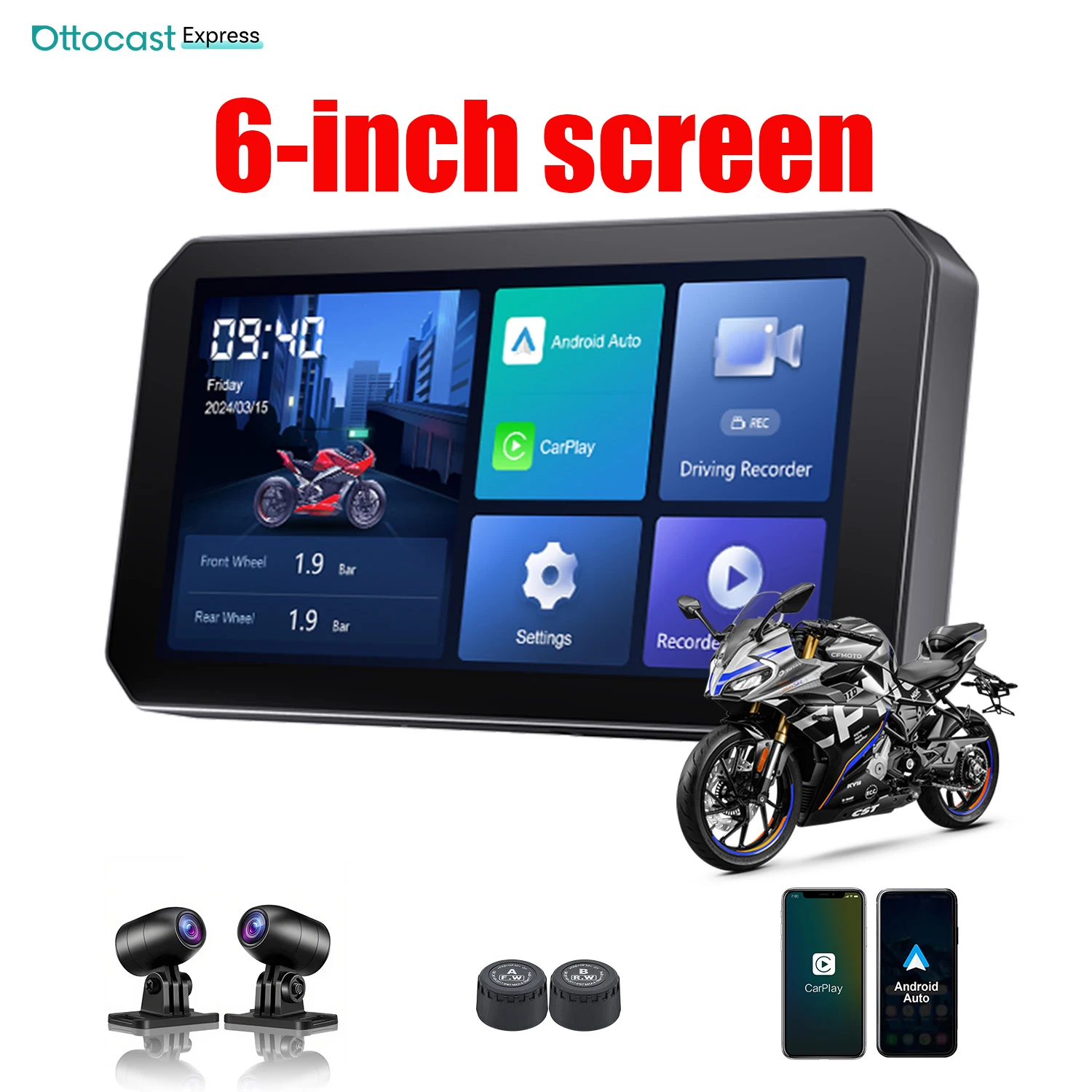 

Ottocast 6,0 дюймов IP67 Водонепроницаемый мотоциклетный GPS-навигатор Беспроводной Carplay Android Auto DVR Drive Recorder Монитор Wi-Fi