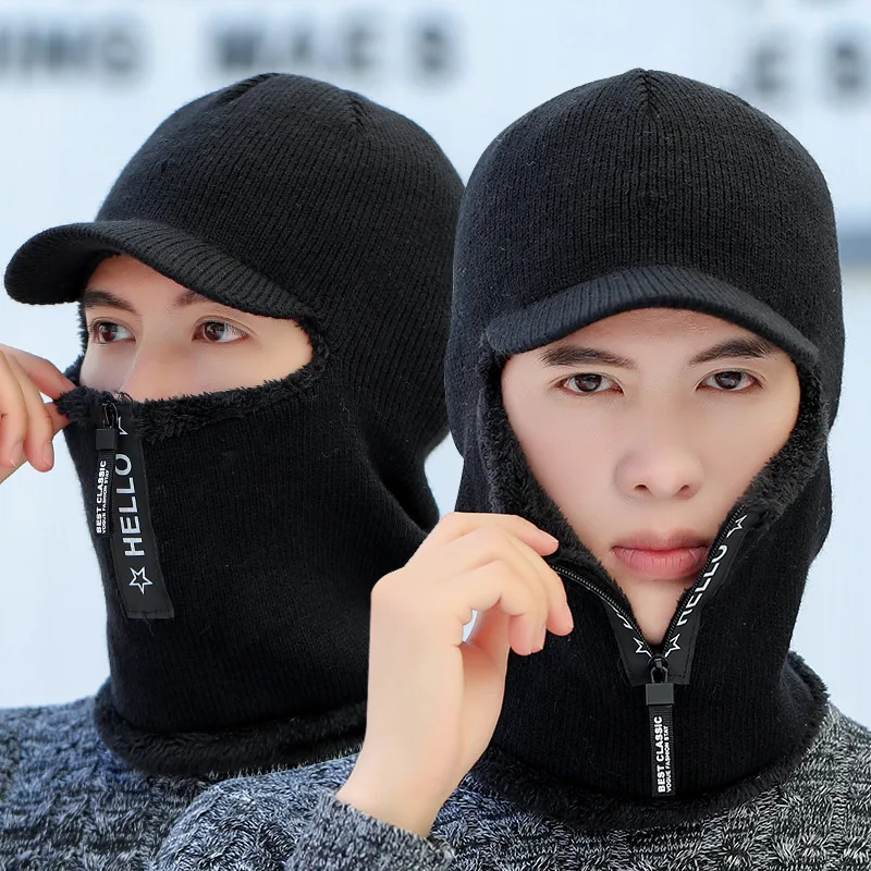 

Winter Men's Plush Balaclava Knitted Hat With Zipper Thicken Warm Visor Beanies Hats For Women Face Ear Mask Neckwarmer Cap Hood
