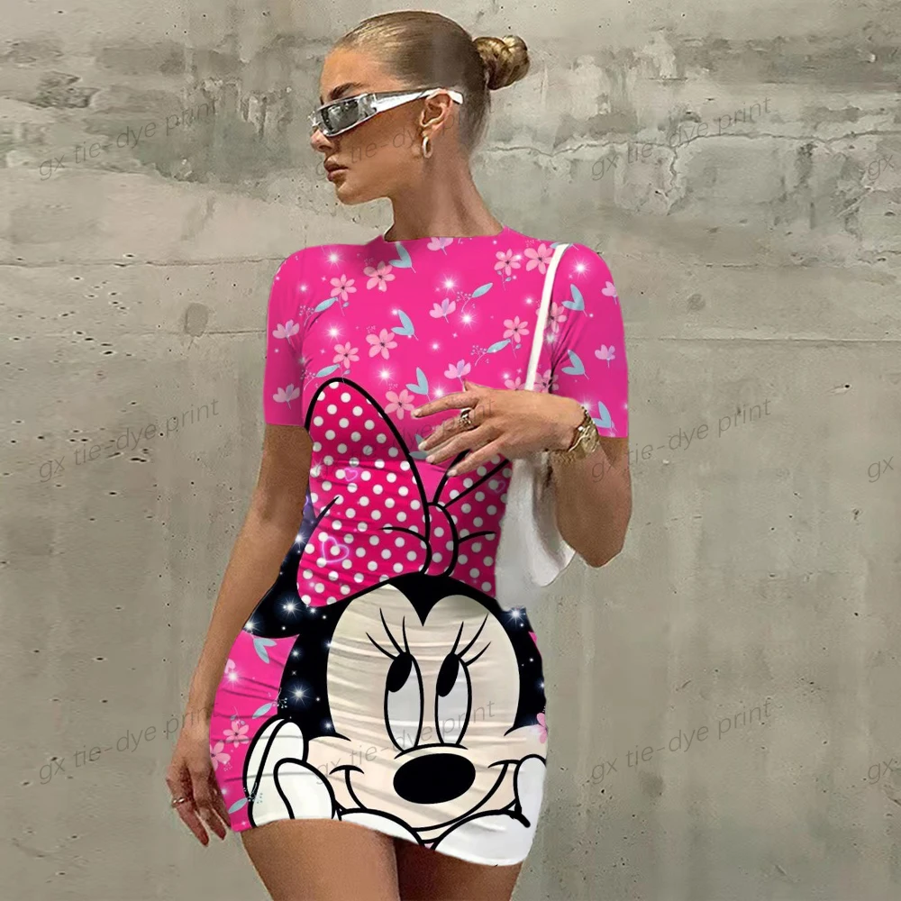 Disney Minnie Mickey Mouse Short Slim Fit Sexy Dress 2023 Summer Women's Street Dress Party Holiday Mini Dress
