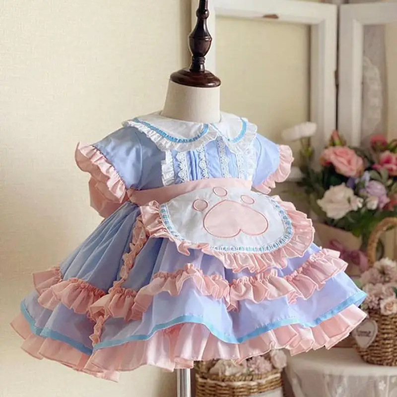 

2022 Spanish Style Lolita Dress For Girls Summer Sweet Princess Short Sleeve Ruffles Gowns Custom Baby Name Birthday Gift