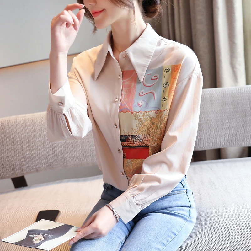 

Summer New Women's Blouses Polo Shirt Long Sleeve Top Stitching Printing Chiffon Casual Fashion Loose