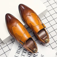 fashion monk shoes men shoes business casual wedding daily pointed toe brogue carved color block pu single button dress shoes