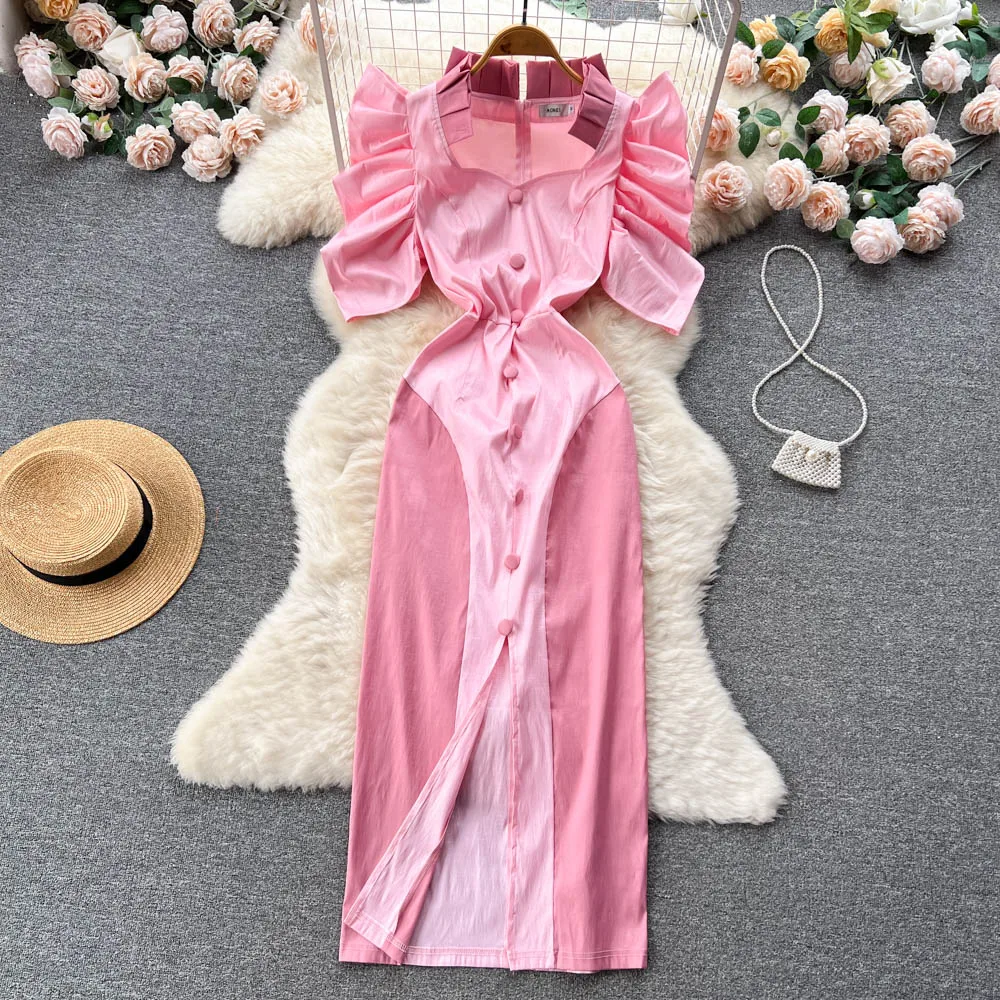 

Summer New Fashion Square Neck Pleated Thin Wood Ear Split Package Hip Dress for Women Short Sleeve Party Vestidos H949
