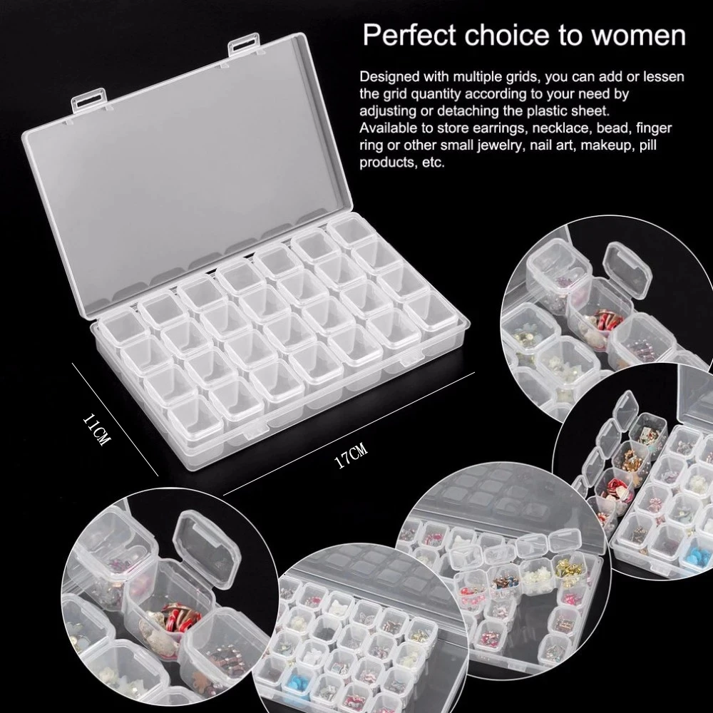 

28 Slots Clear Plastic Empty Storage Box for Nail Art Manicure Tools Jewelry Beads Display Storage Case Makeup Organizer