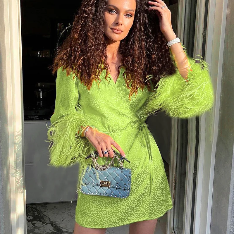 

Polka Dot Dress Women's Autumn Fur Long Sleeves V Neck Tie Belt To Cinch Waist Casual Elegant Party Dress