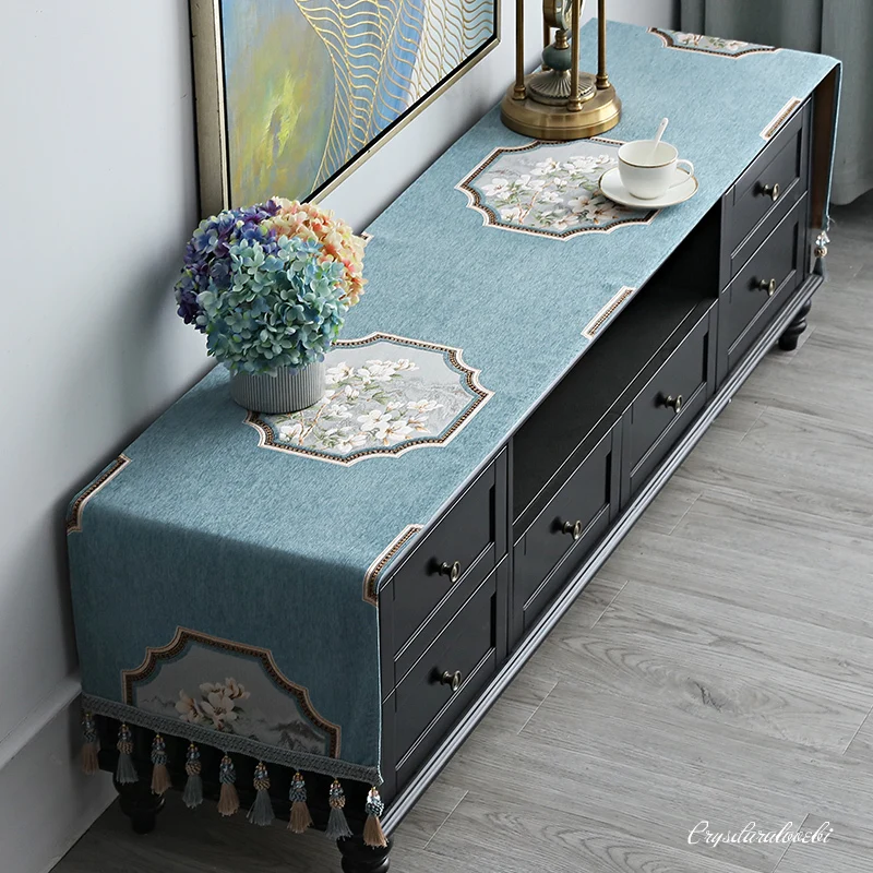 

European TV Cabinet Cover Cloth Tassel Tablecloth Luxury Embroidery Table Runner Household Rectangle Dustproof Cover Dresser