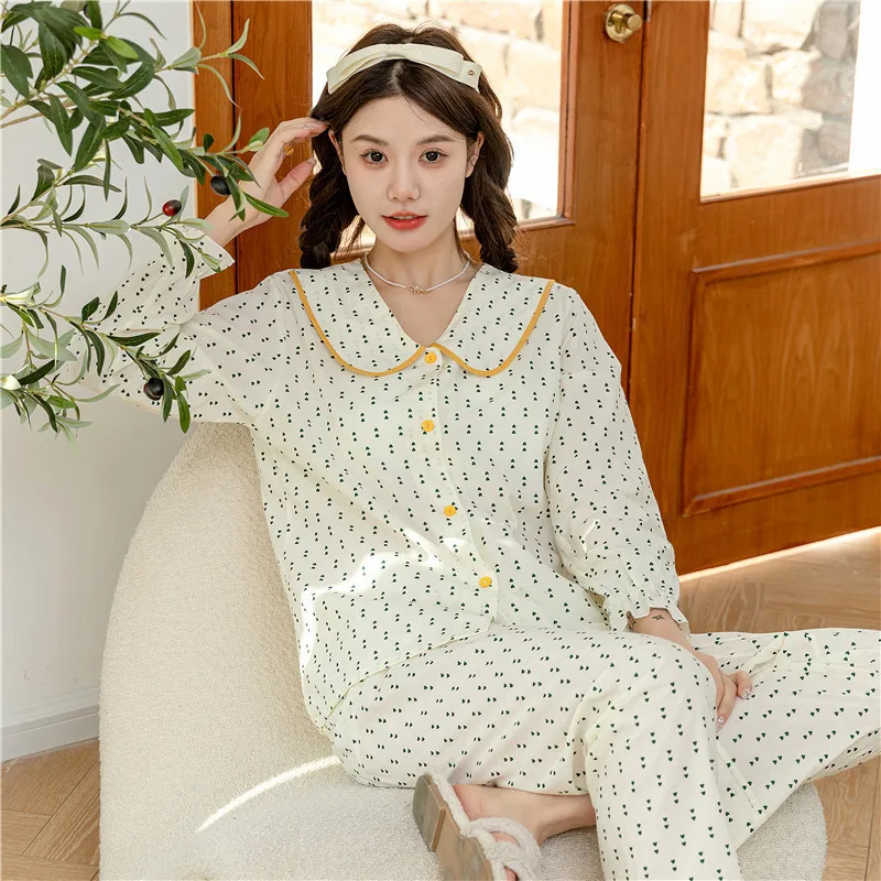 2023 Spring and Summer New Long-Sleeved Trousers Pajamas Suit Women's Cute Love Girl's Home Wear Woven Cotton