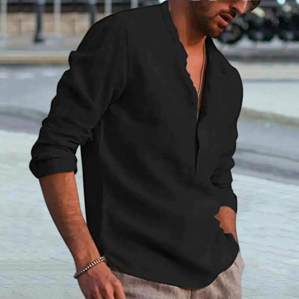 

Men Shirt Casual Stand Collar V-neck Shirt Tops Pocket Long Sleeve Pullover Tops Loose Fit Buttons Half Placket Male Shirt