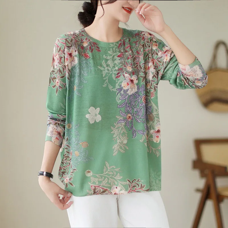 

Fashion vintage literary print sweater women's autumn long sleeves lazy style knitted foreign top