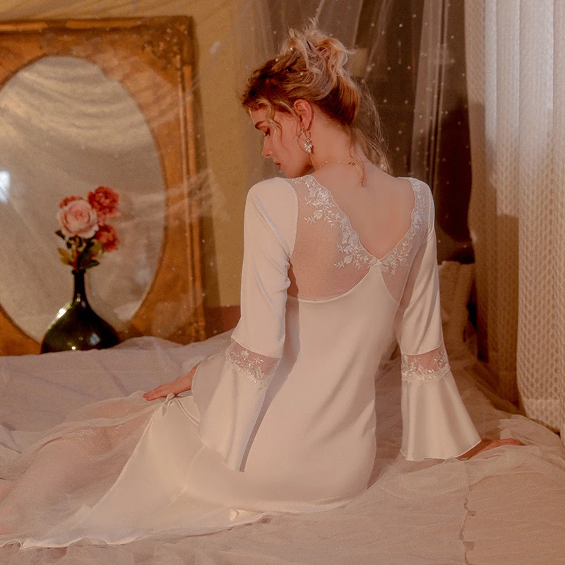 Sexy Night Wears For Women Satin Robe Temptation Deep V Mesh With Bra Pads Embroidery Lace Wedding Bride Nightdress Home Suit