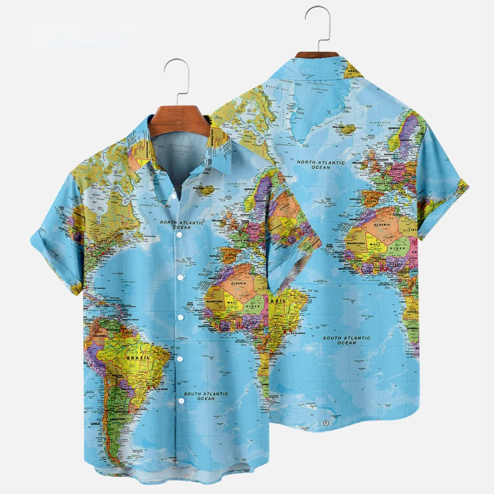 Summer Men's Shirts World Map Digital Printing Oversized Buttons Short Sleeves Loose Casual Slim Fit Shirts Fashion European Siz