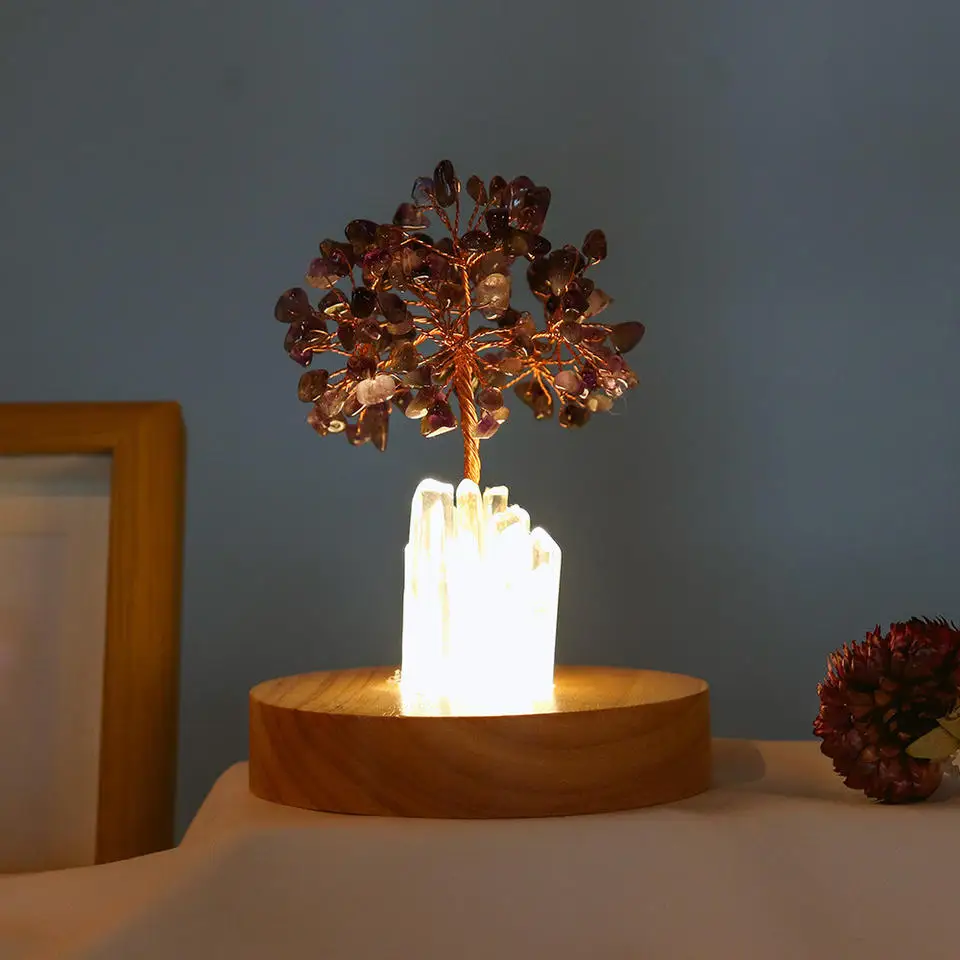 

Wholesale Natural Healing Stones Rose Quartz Amethyst Hand Made Lucky Crystal Tree Lamp 1PC